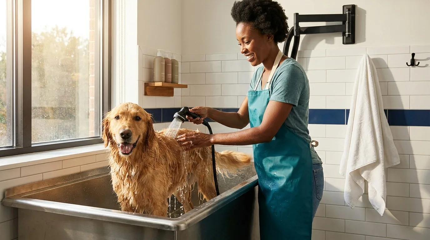 Owner in a teal apron rinsing a golden retriever in an elevated stainless tub at Bark Baths