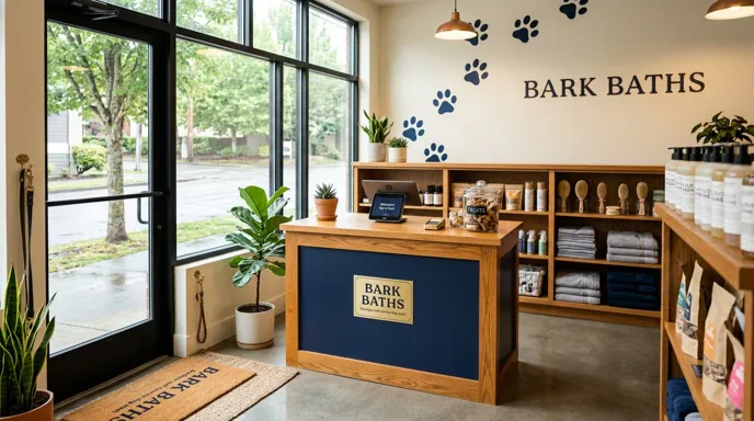 Bark Baths front counter and retail shelves by the storefront windows