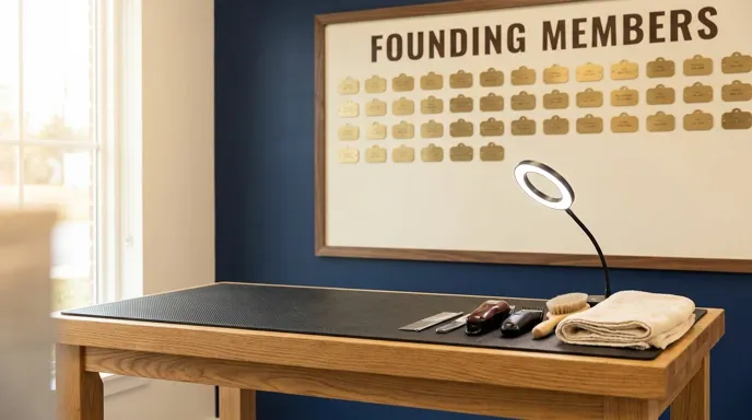 Nail-trimming table in front of the Founding Members wall